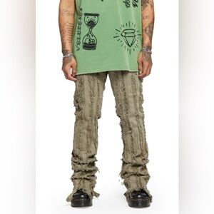 Valabasas BANDA MOTH GREY GREEN STACKED FLARE JEAN 42 avant garde unique edgy